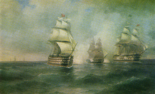 И. К. Айвазовский. Бриг Меркурий, атакованный двумя турецкими кораблями.