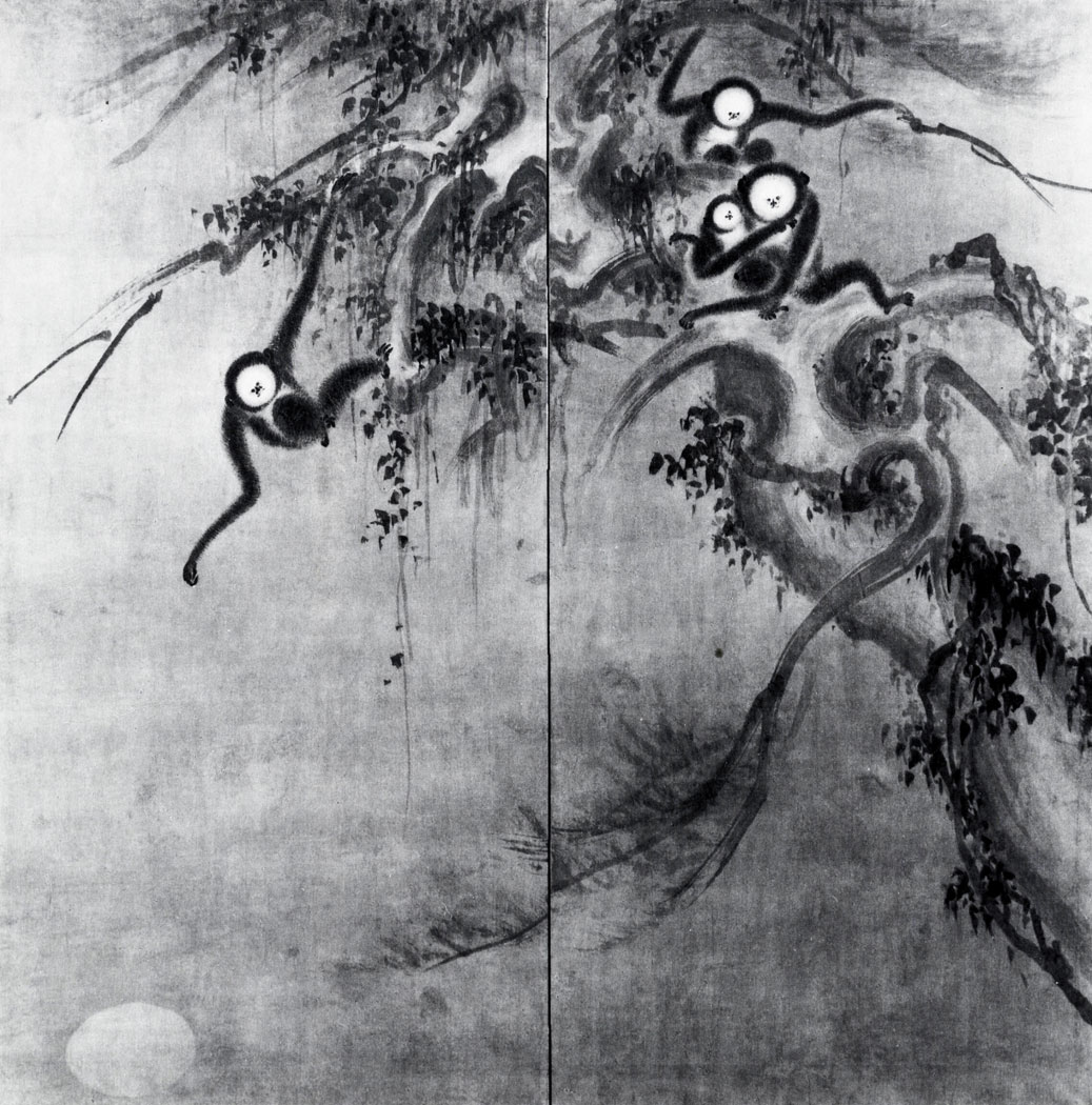 Two-fold screen: Monkeys Trying to Catch the Reflection of the Moon