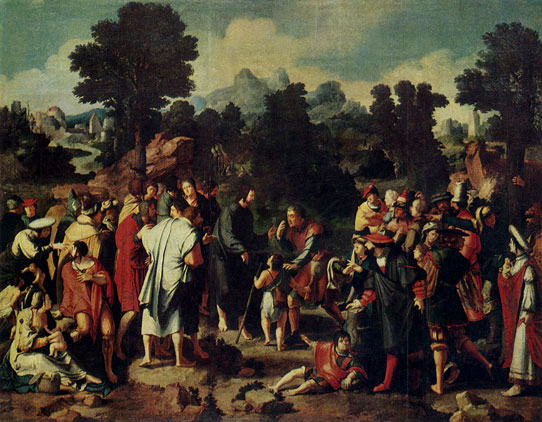 LUCAS VAN LEYDEN. 1489/94-1533 The Healing of the Blind Man of Jericho (central portion) . Triptych