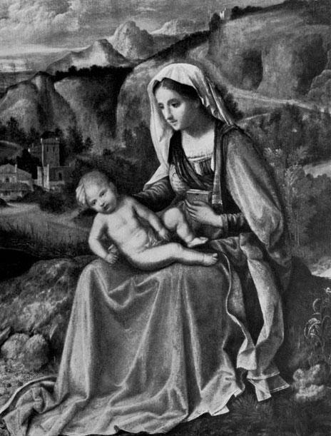 GIORGIONE (GIORGIONE DA CASTELFRANCO). 1478(?)-1510 Madonna and Child in a Landscape. Ca. 1504 