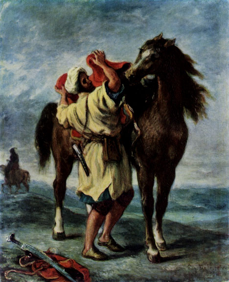 EUGENE DELACROIX. 1798-1863 Arab Saddling His Horse