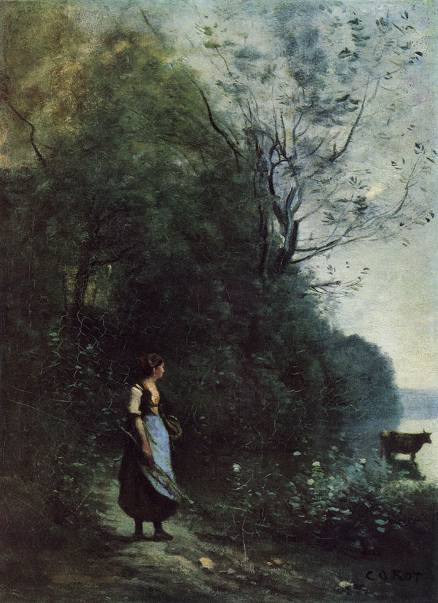 CAMILLE COROT. 1796-1875 Peasant Woman Pasturing a Cow on Skirts of a Wood. Ca. 1865-70 