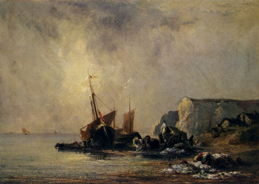 RICHARD PARKES BONINGTON. 1801-1828  Boats at the Coast. Normandy. Ca. 1825