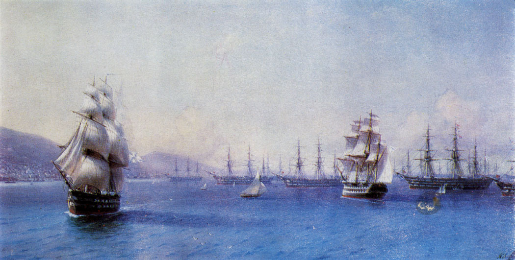 Черноморский флот в Феодосии. 1890  Холст, масло. 53×107