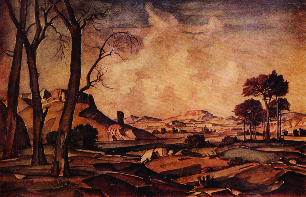 Осенний вечер. 1920-е гг.  Бумага, акварель. 47×72,6