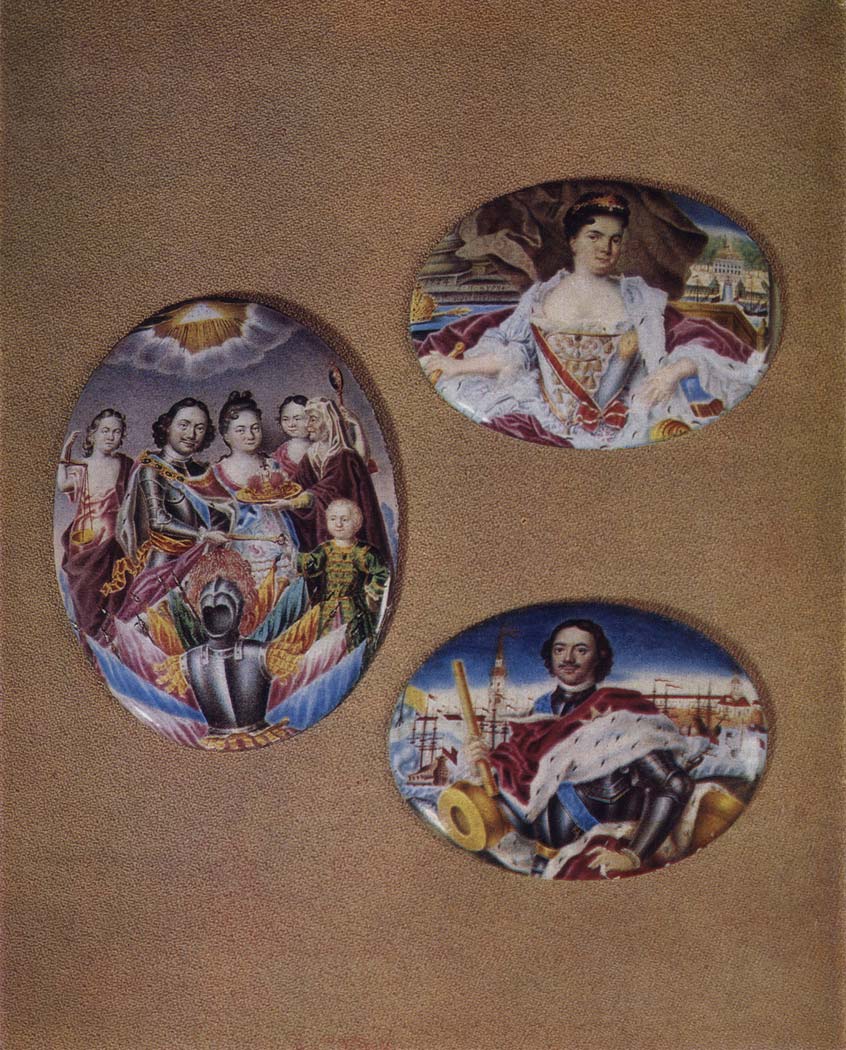 G. Musikiysky 1670/1 - after 1739 (?) Miniature The Coronation. 1717 Miniature portrait of Empress Catherine I against Ekaterinhof Landscape. 1724 Miniature portrait of Peter the Great against the Troitskaya Square and SS Peter and Paul Fortress in St. Petersburg. 1723