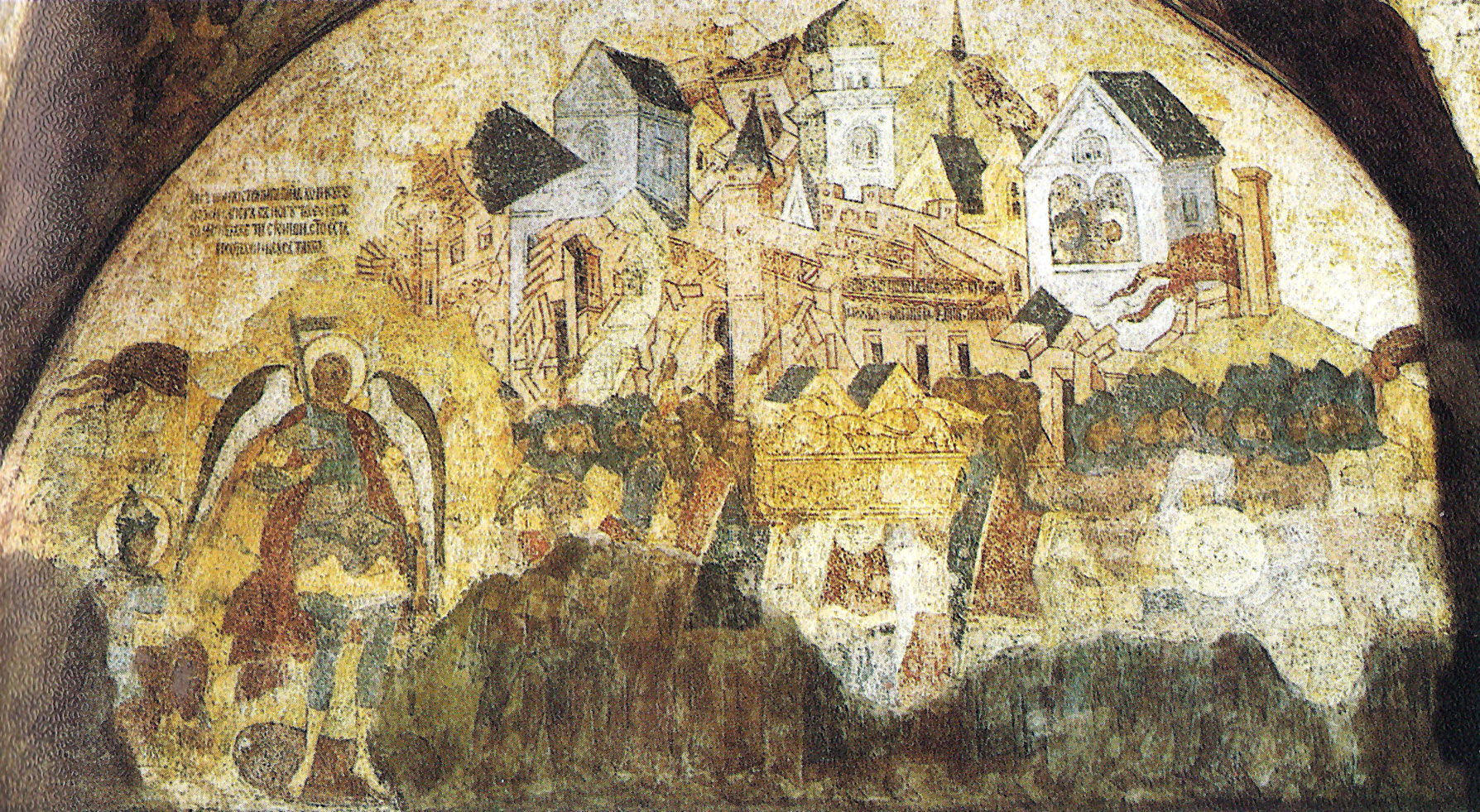 'Взятие Иерихона'. Роспись северного крыльца. XVI в. The Capture of Jericho. Fresco in the northern porch. 16th century