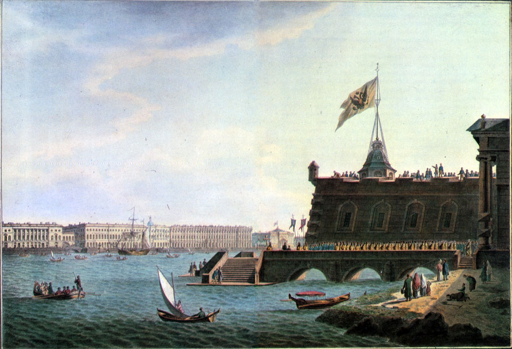Литография 1820-х гг. с изображением Невской пристани, на которую из крепости выходит процессия духовенства после торжественного богослужения в соборе (ГРМ)